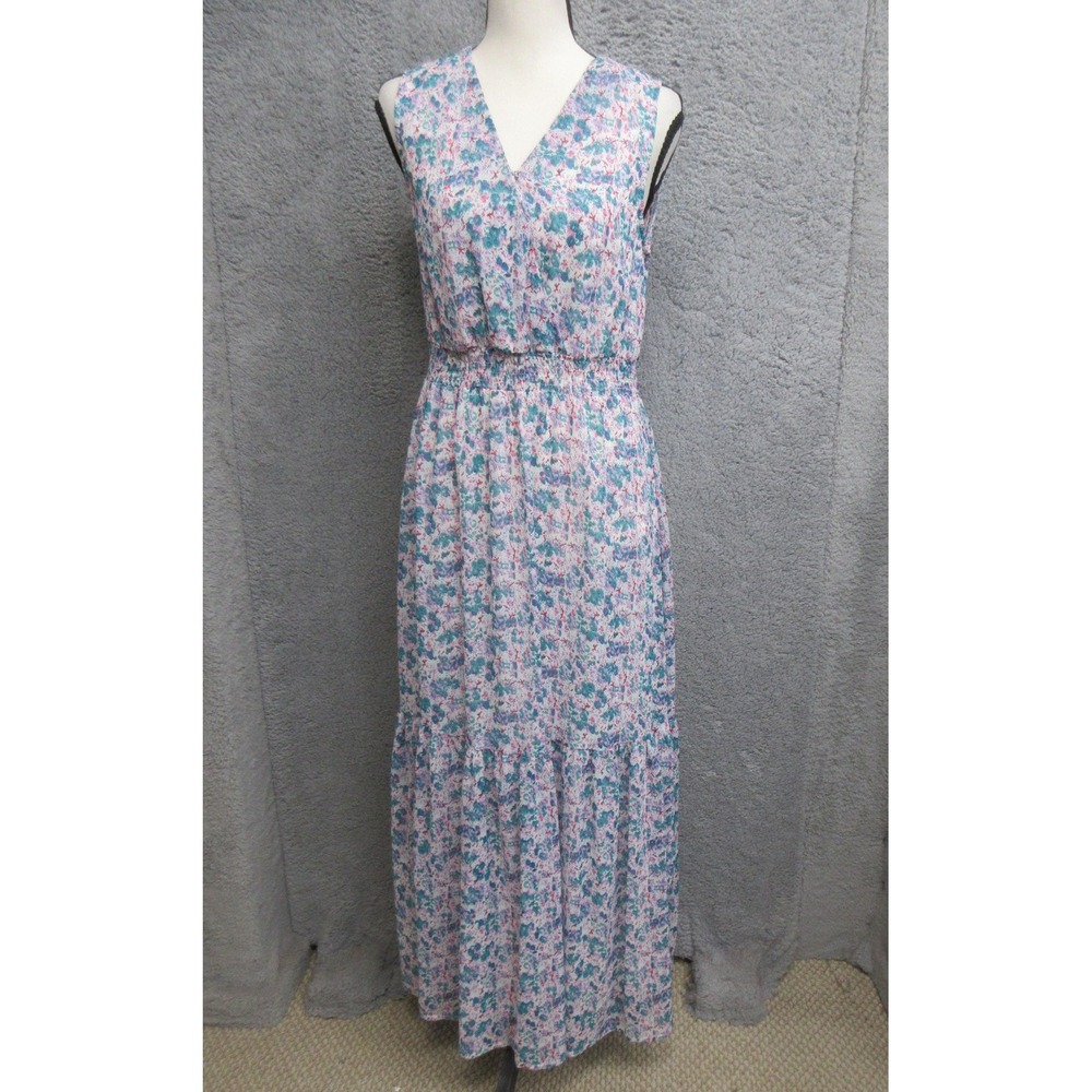 Q2‎ Floral Maxi Dress Womens S White Multicolor Boho Pleated Tiered Cottagecore